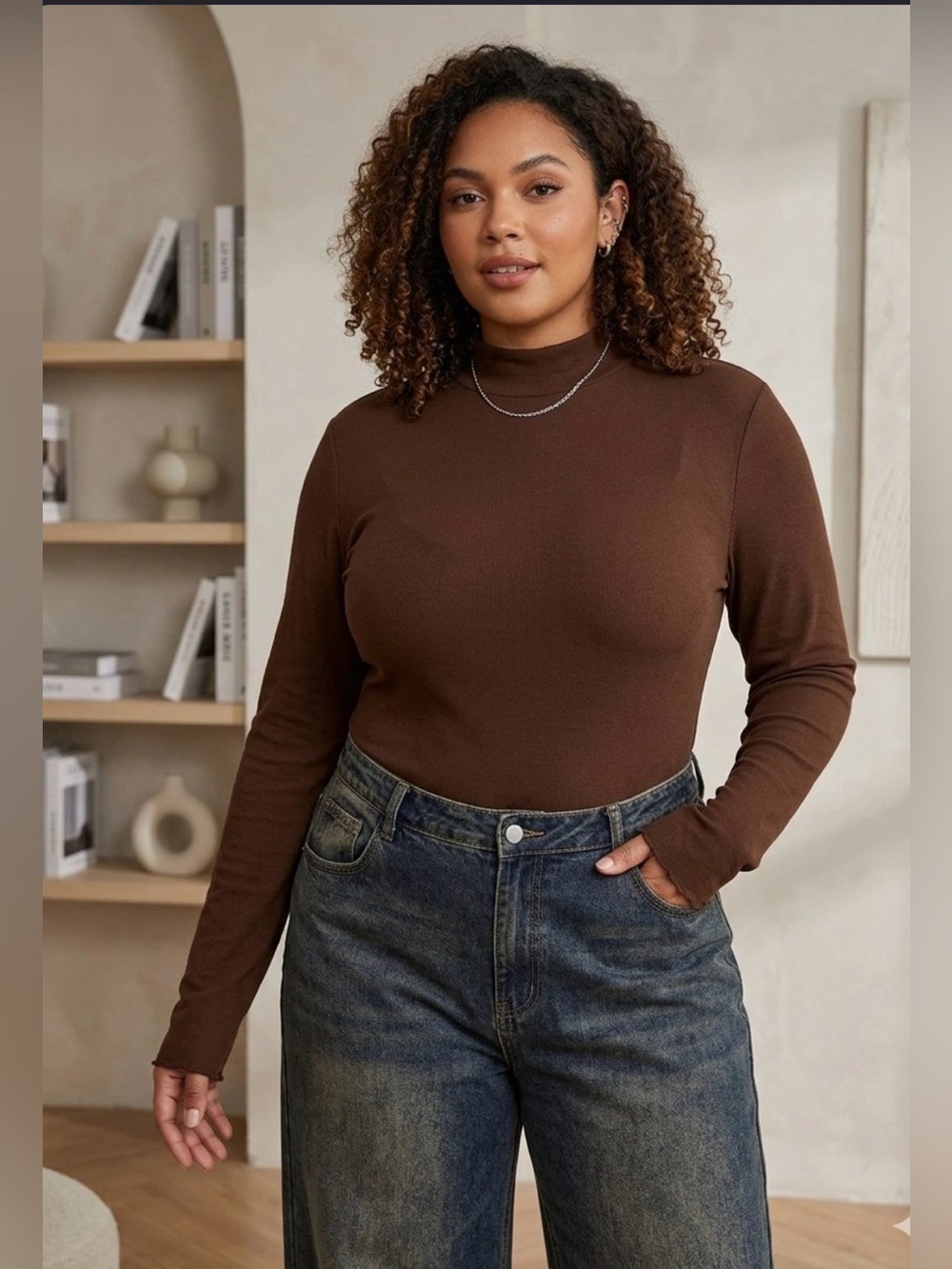 Cider Solid Brown Jersey Bodysuit Mock Neck Long Sleeve Size 4X